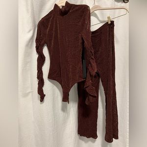 New with tags! House of Harlow brown shimmer bodysuit and mid rise pants